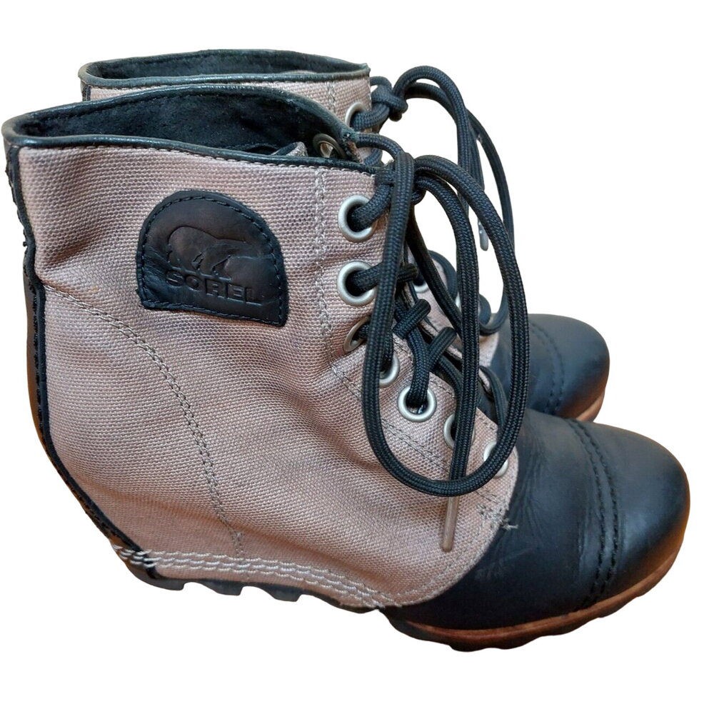 Sorel Women's Lace Up Wedge Ankle Boots Brown Black Canvas Leather Size 6.5
